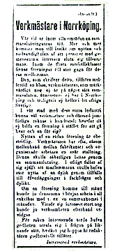 Tidningsklipp från 1905 med rubriken: "Verkmestare i Norköping."