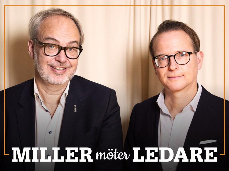 Omslag för podden Miller möter ledare – bild på Andreas Miller och Lars Strannegård.