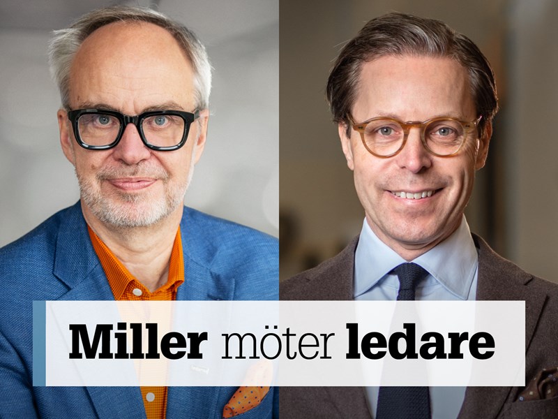 Omslag för podden Miller möter ledare – bild på Andreas Miller och Johan Knaust.