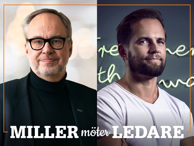 Omslag för podden Miller möter ledare – bild på Andreas Miller och Rickard Lyko.