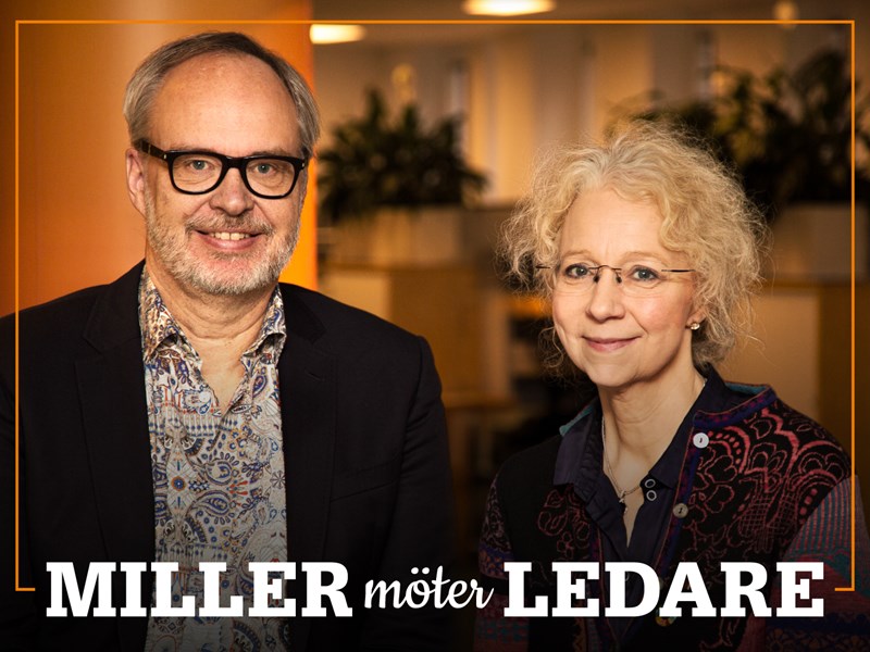 Omslag för podden Miller möter ledare – bild på Andreas Miller och Chris Österlund.