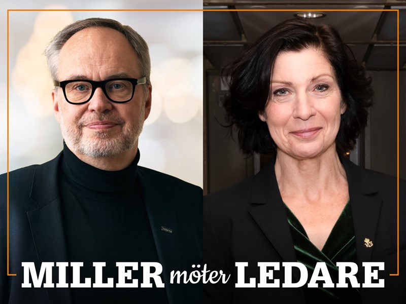 Omslag för podden Miller möter ledare – bild på Andreas Miller och Maria Groop Russel.