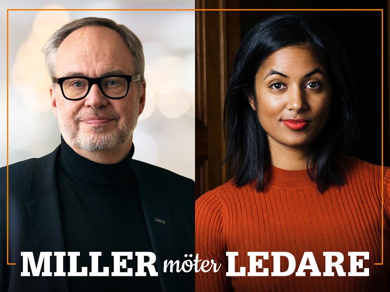 Omslag för podden Miller möter ledare – bild på Andreas Miller och Amanda Lundeteg.