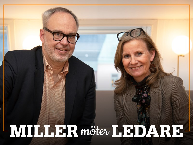 Omslag för podden Miller möter ledare – bild på Andreas Miller och Hélène Barnekow.