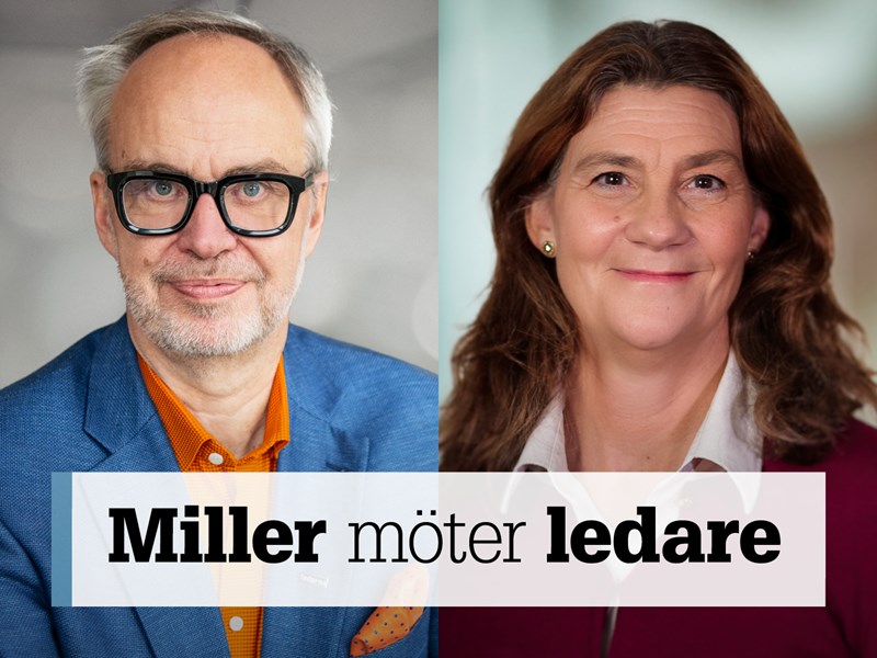 Omslag för podden Miller möter ledare – bild på Andreas Miller och Marie Hallander Larsson.
