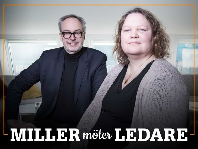 Omslag för podden Miller möter ledare – bild på Andreas Miller och Maria Hedström.