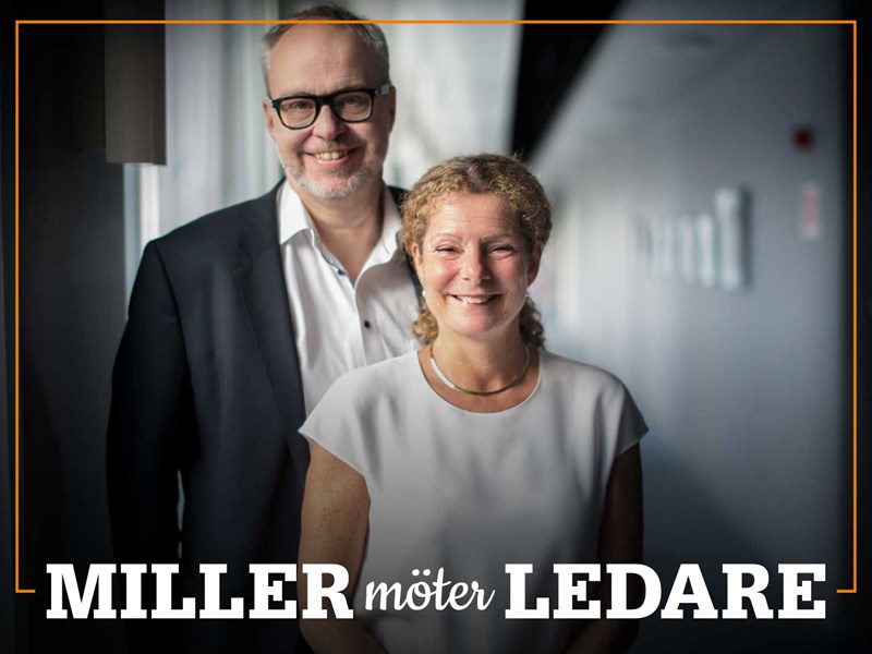Omslag för podden Miller möter ledare – bild på Andreas Miller och Cilla Benkö.