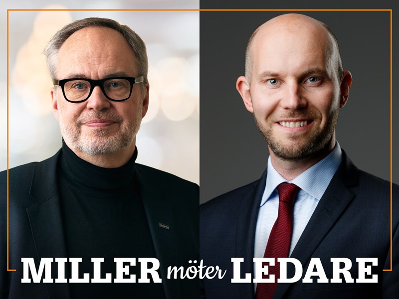 Omslag för podden Miller möter ledare – bild på Andreas Miller och Claes Nordmark.