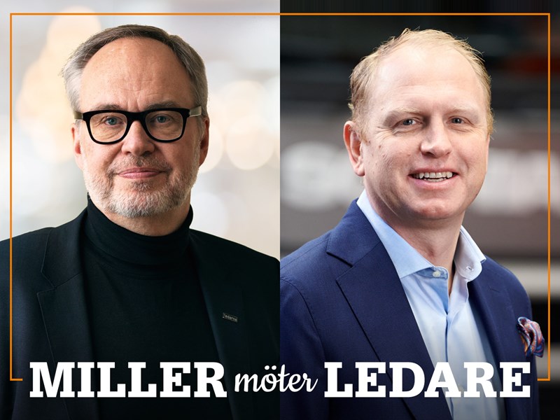 Omslag för podden Miller möter ledare – bild på Andreas Miller och Henrik Henriksson.