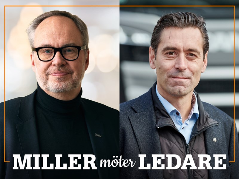 Omslag för podden Miller möter ledare – bild på Andreas Miller och Andreas Follér.