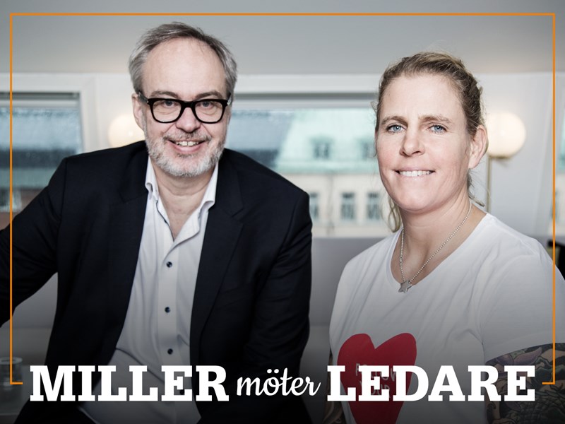 Omslag för podden Miller möter ledare – bild på Andreas Miller och Jenni Steiner.