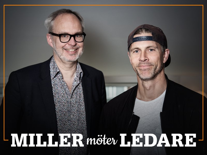 Omslag för podden Miller möter ledare – bild på Andreas Miller och Benke Rydman.