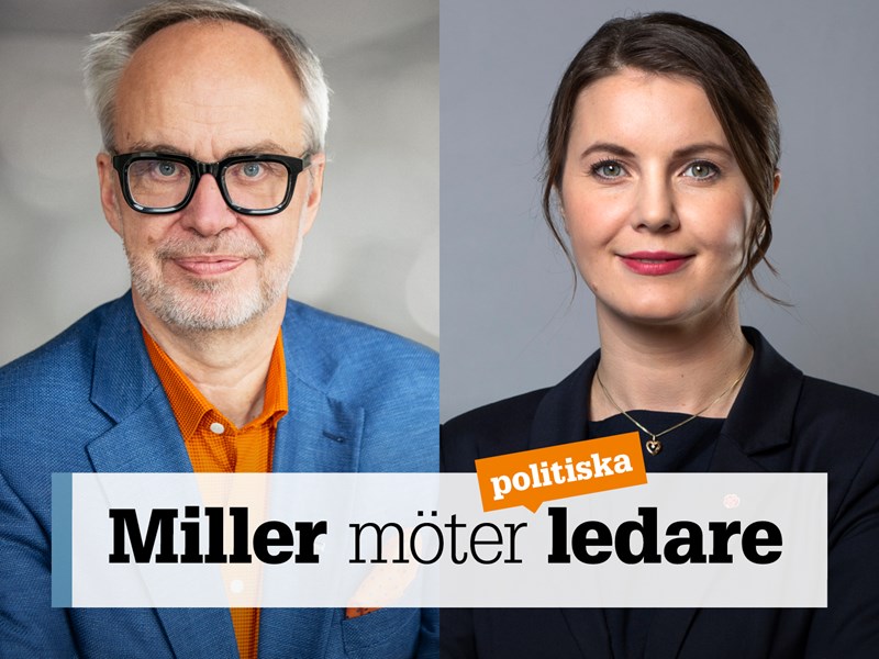 Omslag för podden Miller möter ledare – bild på Andreas Miller och Ida Karkiainen.