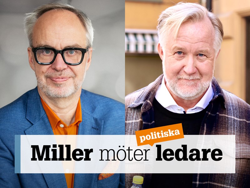 Omslag för podden Miller möter ledare – bild på Andreas Miller och Johan Pehrson.
