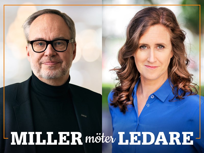 Omslag för podden Miller möter ledare – bild på Andreas Miller och Hanna Stjärne.