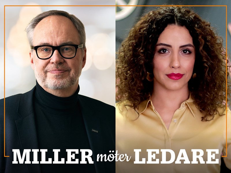 Omslag för podden Miller möter ledare – bild på Andreas Miller och Helya Riazat.