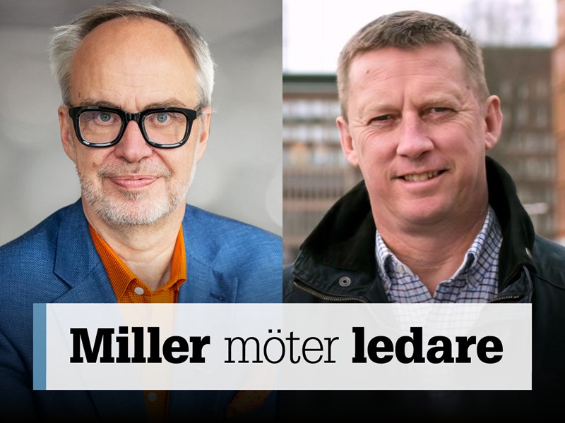 Omslag för podden Miller möter ledare. Bild på Andreas Miller och Klas Friberg.