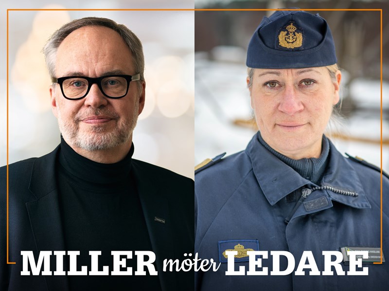 Omslag för podden Miller möter ledare – bild på Andreas Miller och Ewa Skoog Haslum.