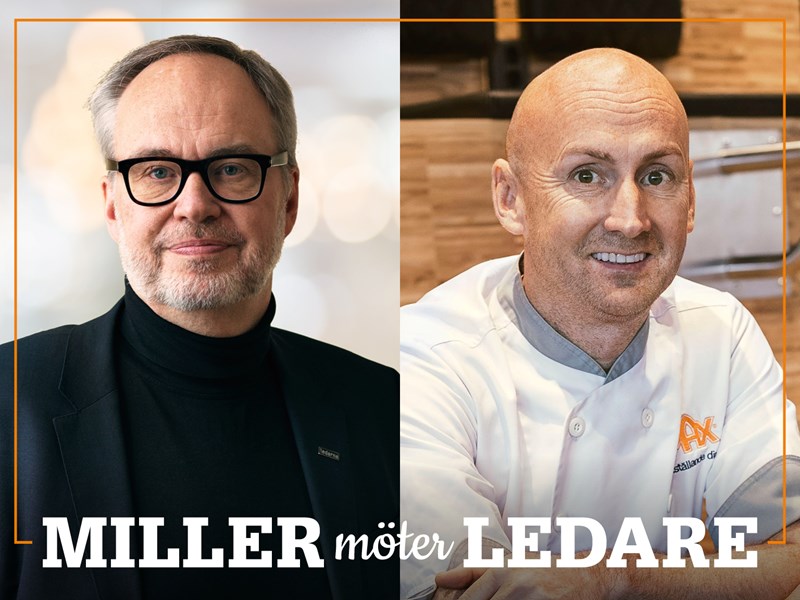 Omslag för podden Miller möter ledare – bild på Andreas Miller och Richard Bergfors.