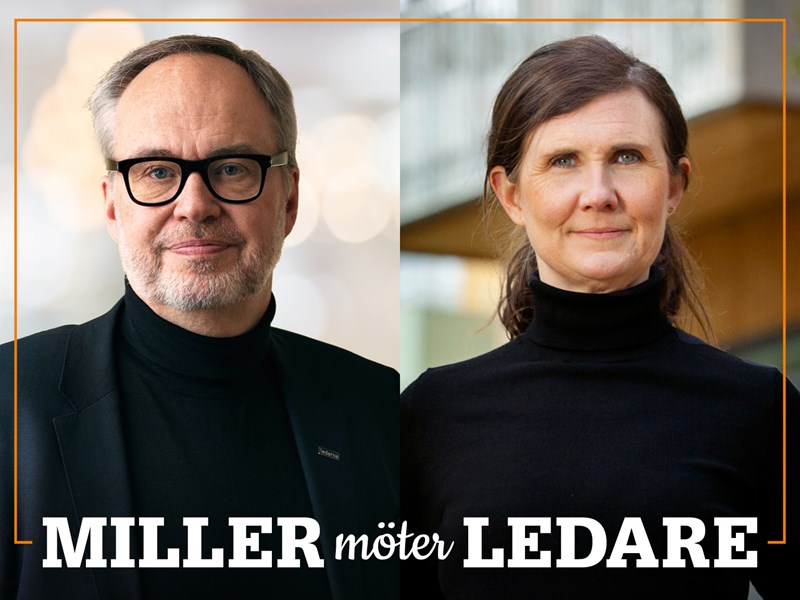 Omslag för podden Miller möter ledare – bild på Andreas Miller och Märta Stenevi.