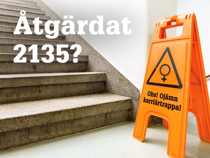 Bild på trappa och varningstriangel. Text: Obs! Ojämn karriärtrappa. Åtgärdat till 2135?