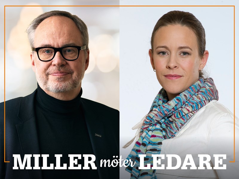 Omslag för podden Miller möter ledare – bild på Andreas Miller och Maria Wetterstrand.