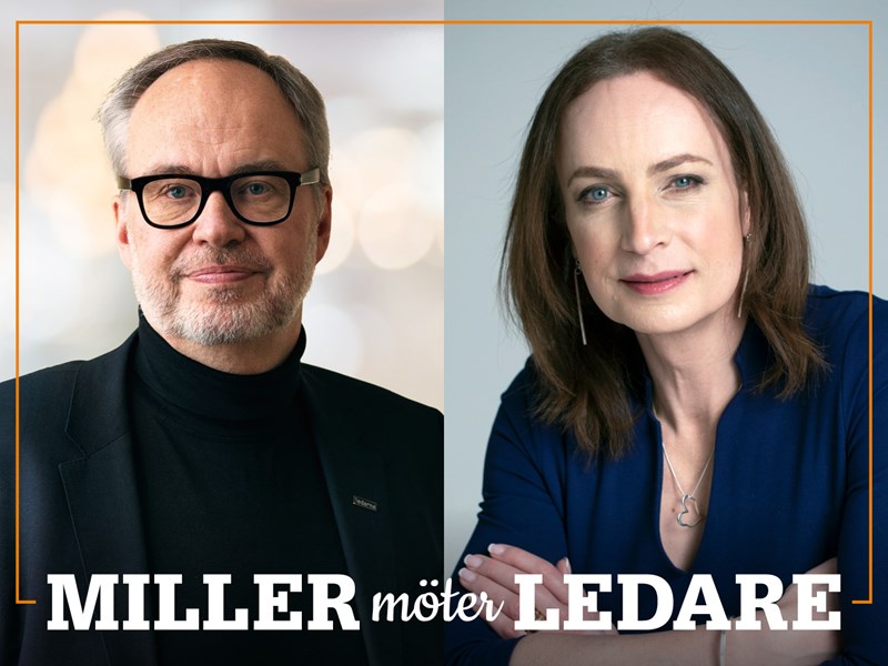 Omslag för podden Miller möter ledare – bild på Andreas Miller och Caroline Farberger.