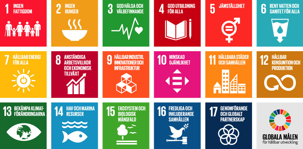Illustration över de 17 målen i Agenda 2030.