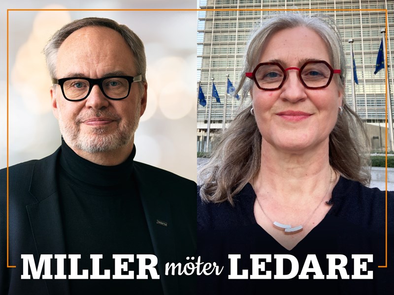 Omslag för podden Miller möter ledare – bild på Andreas Miller och Gigi de Groot.
