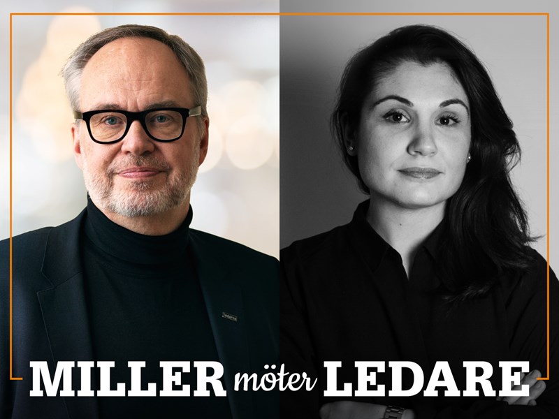 Omslag för podden Miller möter ledare – bild på Andreas Miller och Suzan Hourieh Lindberg.