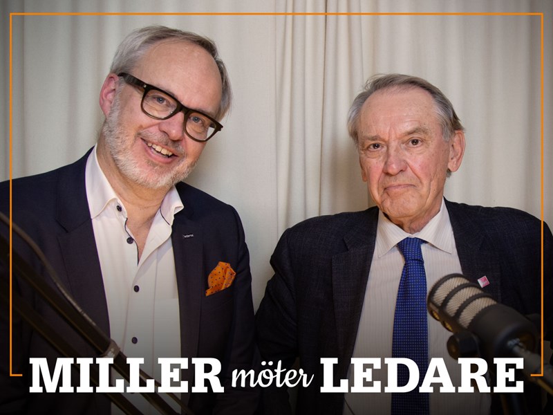 Omslag för podden Miller möter ledare – bild på Andreas Miller och Jan Eliasson.