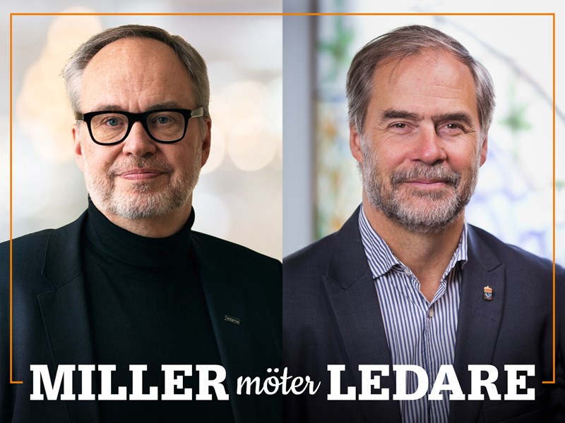 Omslag för podden Miller möter ledare – bild på Andreas Miller och Georg Andrén.